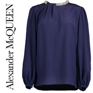 Alexander McQueen Jeweled Neck Silk Blouse
